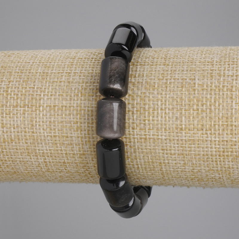 Bracelet Silver-Toned Obsidian Cylinder, 14×10mm+-, length 18cm+- stretch