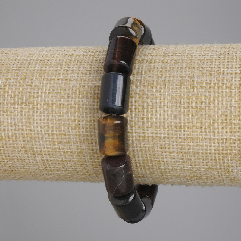 Bracelet Tiger's Eye, Bull's-Eye, and Hawk's-Eye cylindrical beads, diameter 14×10mm ±, length 18cm ± stretch