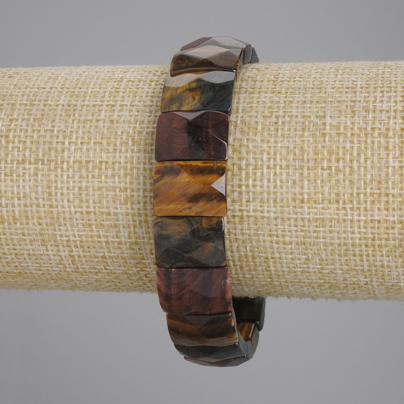 Bracelet Tiger's Eye, Bull's Eye, Hawk's Eye Faceted Beads Link, diameter 15×11mm+-, length 18cm+- stretch