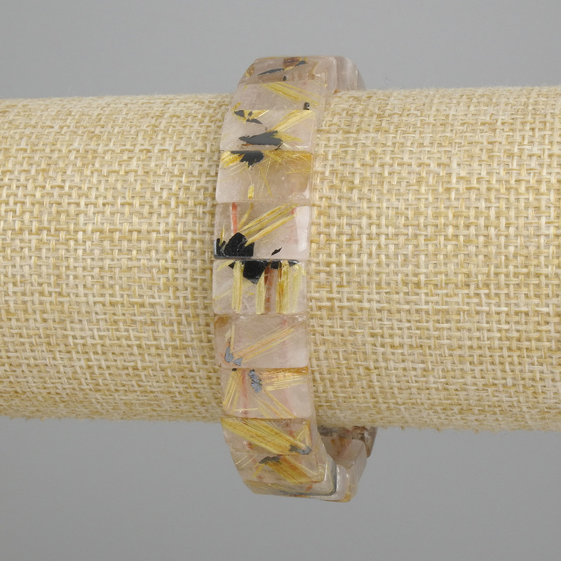 Bracelet natural stone Rutilated quartz Hair Quartz smooth oval links, diameter 12x7-8mm +/-, length 18cm +/- stretch