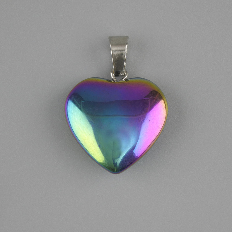 Pendant Heart Hematite with "gasoline" iridescence 20x20mm +-, length 28mm +