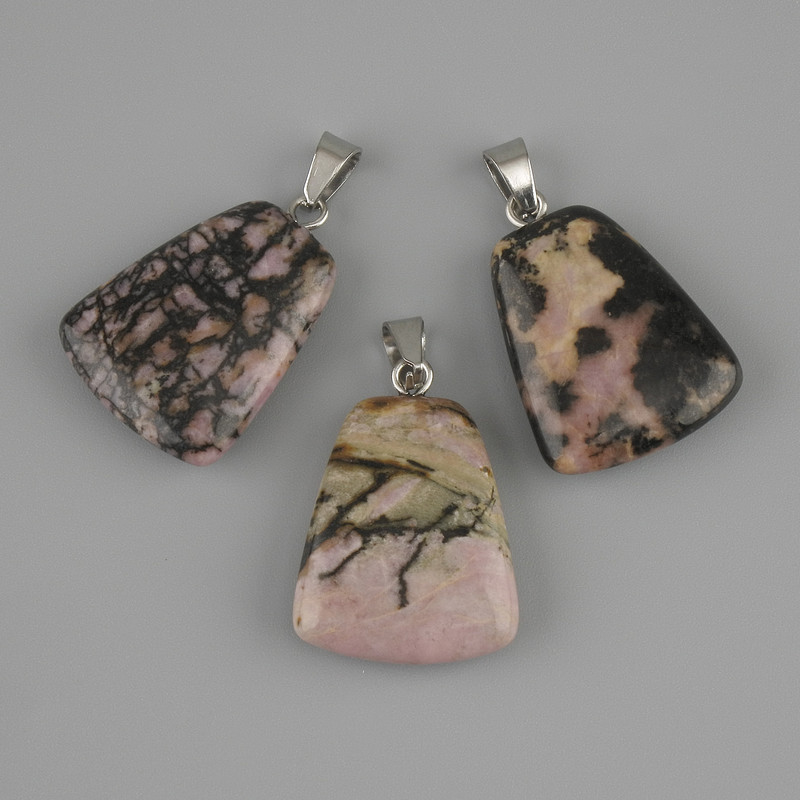 Pendant Rhodonite trapezoid 17x21mm+-, length 30mm+-