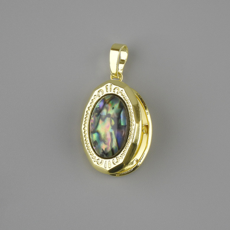 Pendant under photo Abalone, diameter 21x16mm +/-, length 31mm +/-, golden-toned metal
