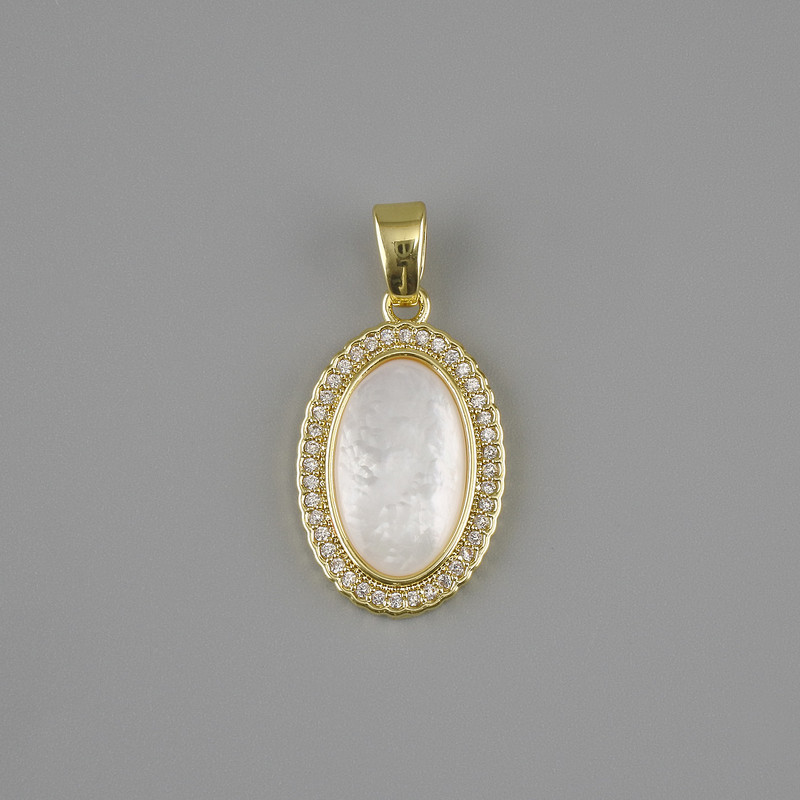 Pendant Mother-of-Pearl white rhinestones, diameter 21x13mm +/-, length 25mm +/-, gold-tone metal