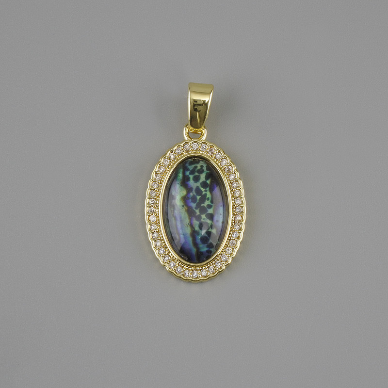 Pendant Haliotis white rhinestones, diameter 21x13mm±, length 25mm± gold-tone metal
