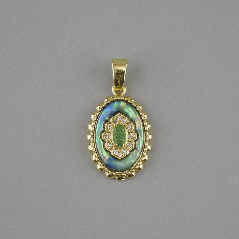 Pendant Abalone white rhinestones, diameter 21x13mm +- , length 27mm +- golden metal