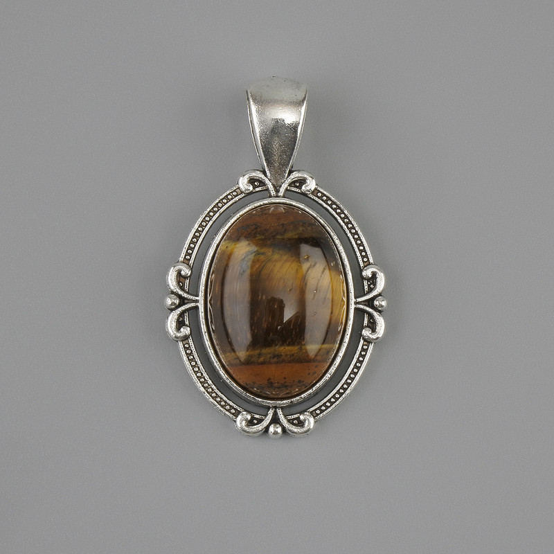 Tiger's Eye pendant 34x21mm ± silver-toned metal