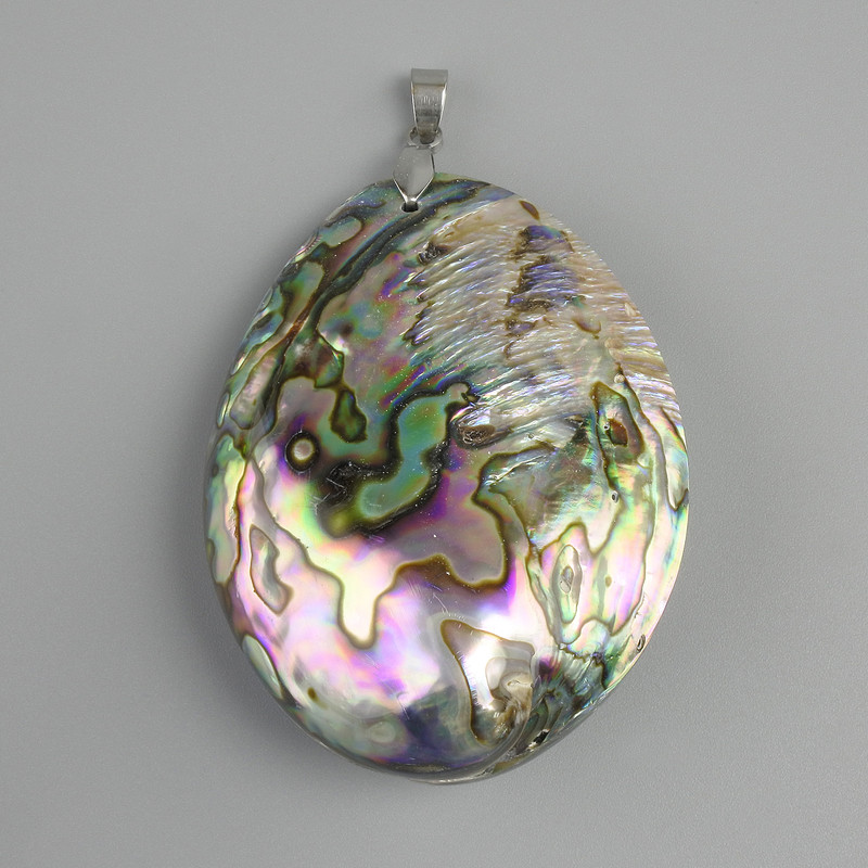 Pendant Abalone Shell Haliotis (reverse side sterling edge Mother-of-pearl), diameter 60×41 mm +/-, length 75 mm +/- silver-colored metal