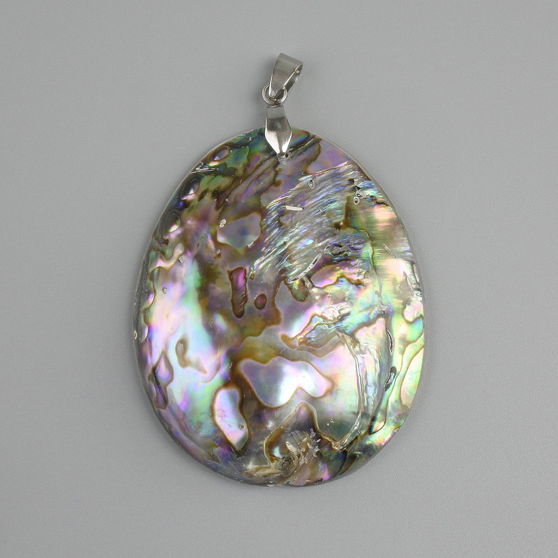 Pendant double-sided, voluminous Abalone Shell (Haliotıs), diameter 56×43mm ±, length 68mm ±, silver-toned metal