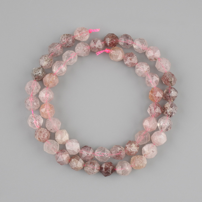 Strawberry Quartz beads faceted, diameter 8x7mm +/-, length 38cm +/-, on a thread