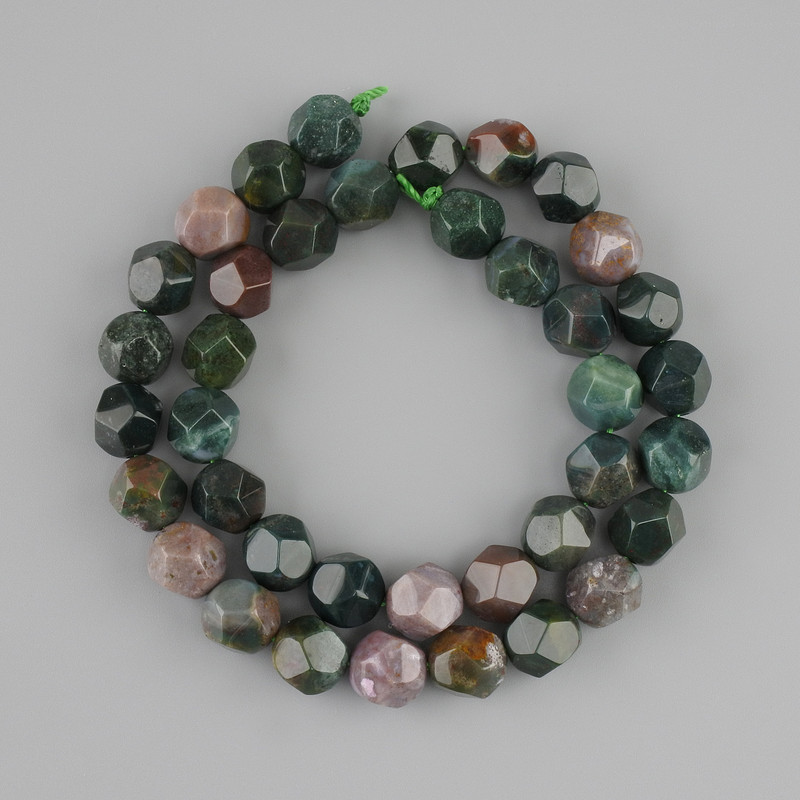 Jasper green beads faceted, diameter 10x9mm ±, length 37cm ± on a thread