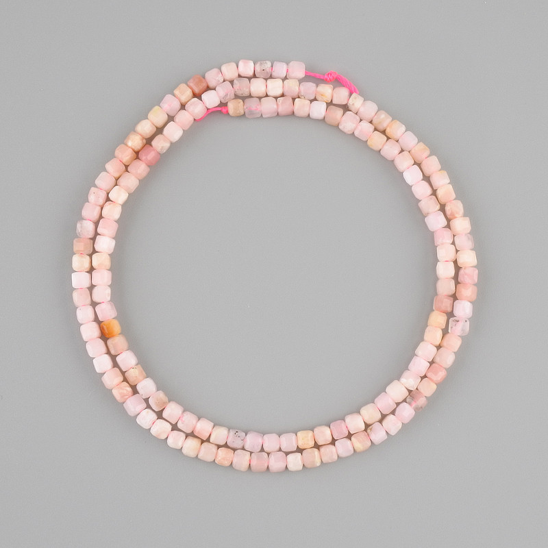 Beads Pink Opal faceted cube, diameter 3x3mm +/-, length 39cm +/-