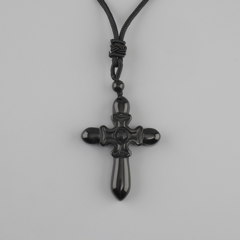 Pendant Cross black Agate, diameter 47x36mm+- on a black cord with tightening, length 78cm+