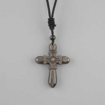 Pendant Cross Shimmering Obsidian, diameter 47x36mm+- on a black cord with adjustable length, length 78cm+