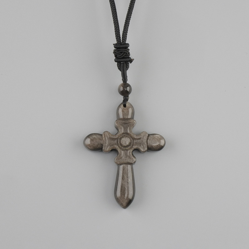 Pendant Cross Shimmering Obsidian, diameter 47x36mm+- on a black cord with adjustable length, length 78cm+