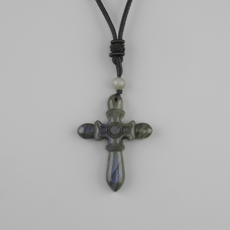 Labradorite Cross Pendant, diameter 47x36mm+- on a black cord with adjustable length, length 78cm+