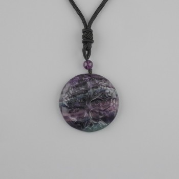 Fluorite Tree of Life pendant, diameter 36mm+- on black cord with adjustable fastening, length 78cm+