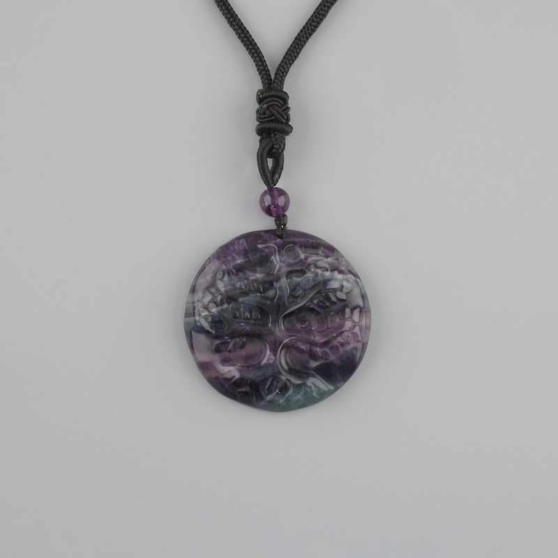 Fluorite Tree of Life pendant, diameter 36mm+- on black cord with adjustable fastening, length 78cm+