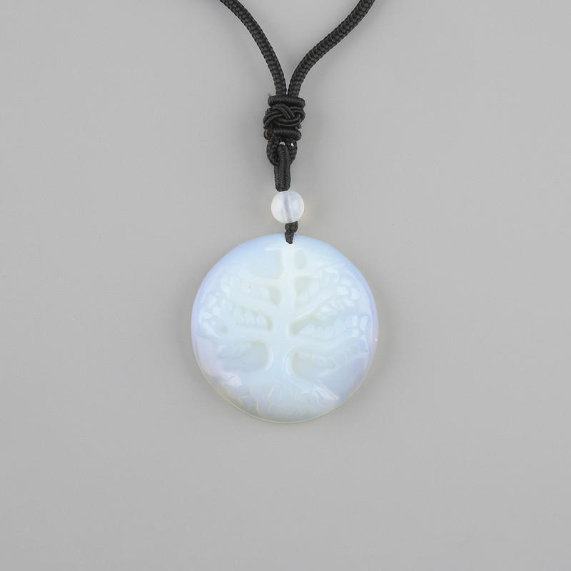 Pendant Tree of Life Moonstone (Opalite), diameter 36mm ± on a black cord with drawstring, length 78cm ±