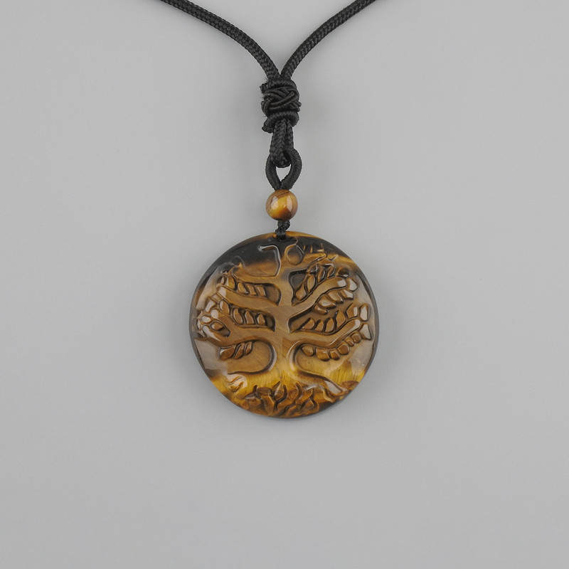 Pendant Tree of Life Tiger's Eye, diameter 36mm± on black cord with drawstring closure, length 78cm+