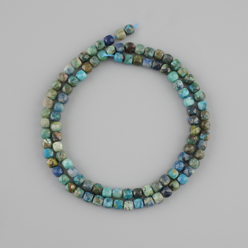 Chrysocolla beads natural stone faceted cubes, diameter 4x4mm+-, length 39cm+