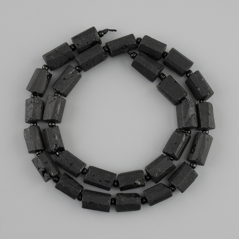 Tourmaline Schorl beads, faceted rough cut, diameter 10, 5-12x7-7.5 mm+- seed beads 3 mm+-, strand length 39 cm+-