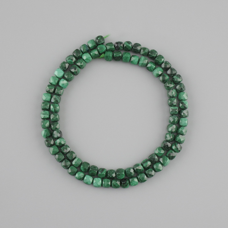 Malachite natural stone beads faceted cube, diameter 4x4mm +/-, length 39cm +