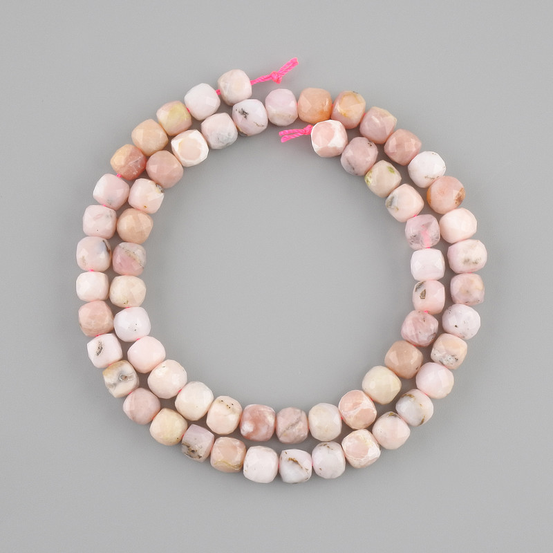 Beads Pink Opal faceted cube, diameter 6-6.5, 5×6-6.5 mm±, length 39 cm±