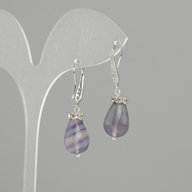 Fluorite drop earrings, diameter 14x10mm +/-, length 37mm +/-