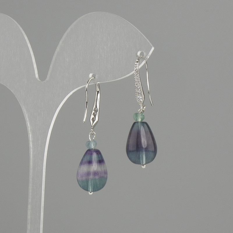 Earrings Fluorite drop, diameter 14x10mm +/-, length 37mm +/-