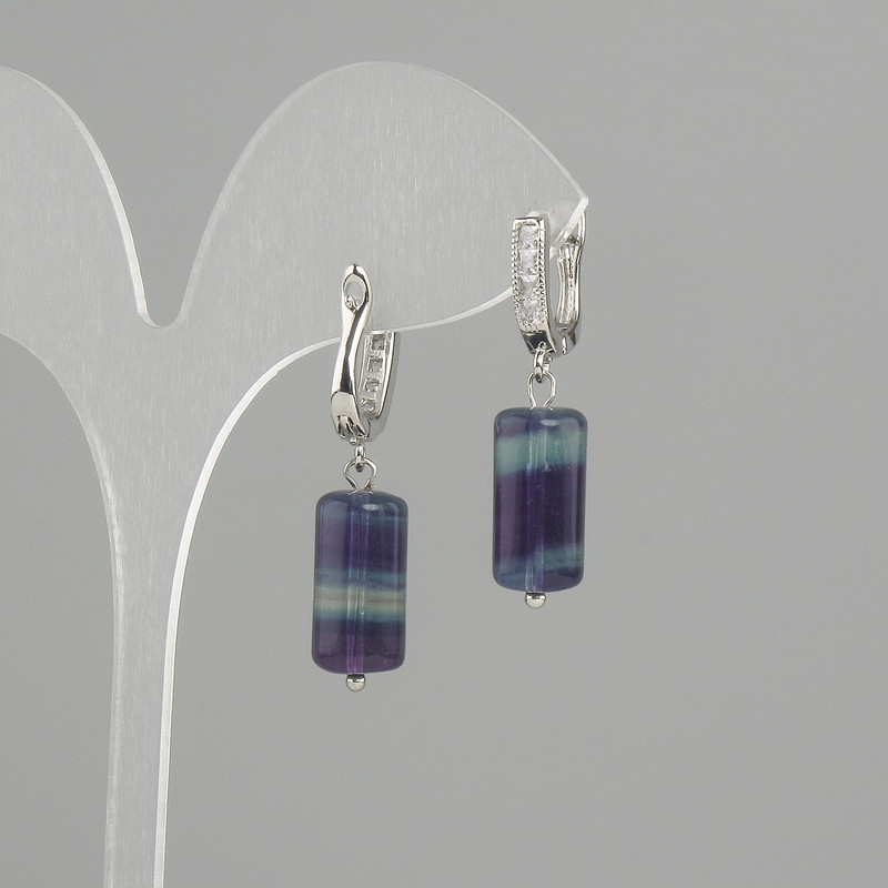 Earrings Fluorite cylinder, diameter 16x8mm +/-, length 32mm +/-