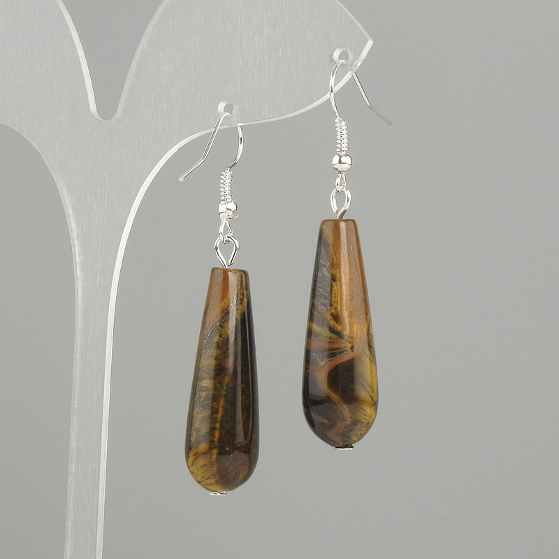 Earrings Tiger's Eye teardrop, diameter 32x10mm +/-, length 52mm +/-