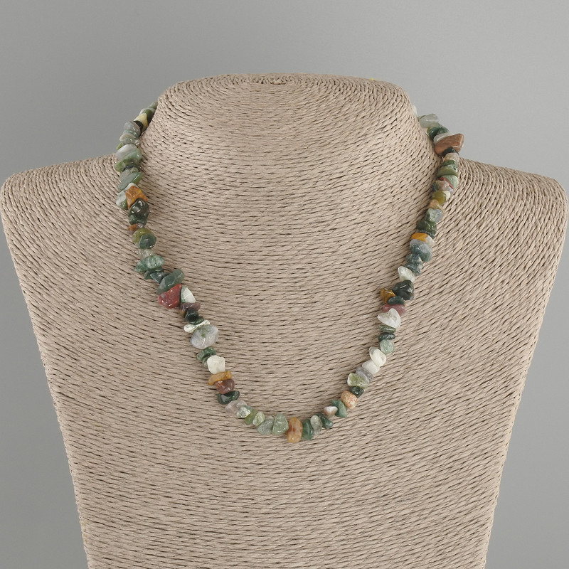 Necklace Moss Agate chip, diameter 6-12x4-6, 5mm+-, length 40cm + 5cm extender chain