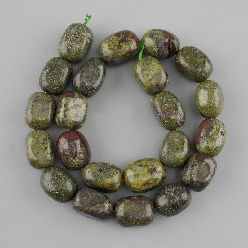 Jasper beads Dragon Blood tumbled, diameter 16–18, 5x12, 5-13mm+- , length 36cm+- on a thread