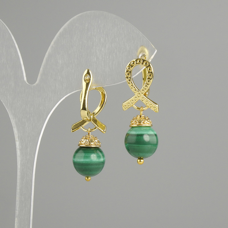 Earrings Malachite smooth ball 10mm+- , length 30mm+-