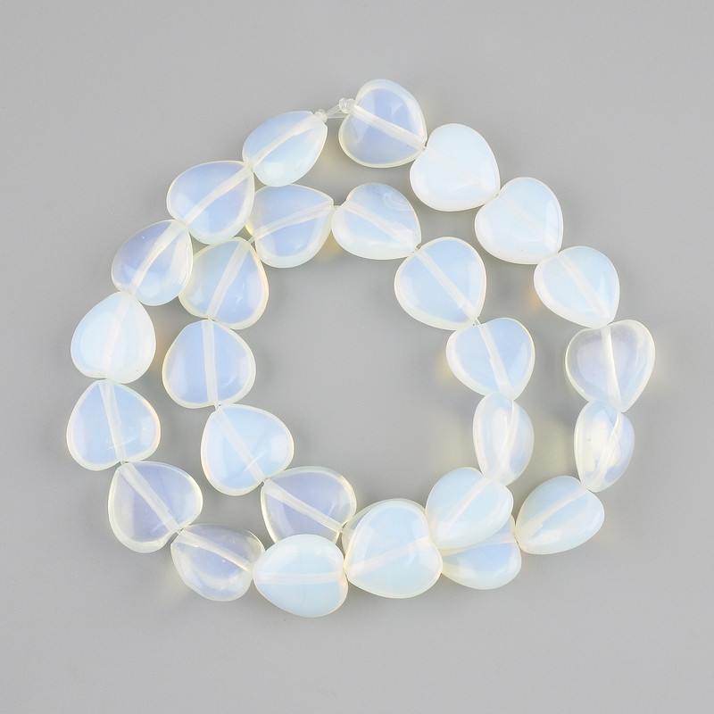 Beads Moonstone Opalite heart 14mm+-, length 37cm+- on a thread