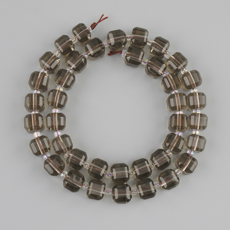 Beads Rauchtopaz faceted cube 8x8mm +- seed beads 3mm +-, length 36cm +- on a thread