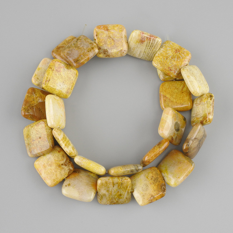 Coral fossil beads Rectangles 15x15 mm ±, length 38 cm ± on fishing line