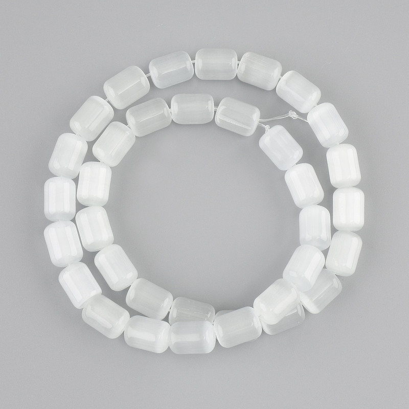 White Cat's Eye cylinder beads, diameter 10, 5x8mm +/-, length 37cm +/- on a thread