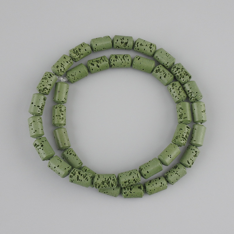 Beads green volcanic lava cylinder, diameter 10x6mm± on a fishing line, length 38cm+