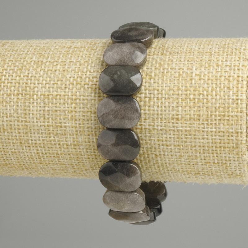 Bracelet Silvered Obsidian rounded faceted link, diameter 15×10, 5-11mm+- , length 18cm+- stretch