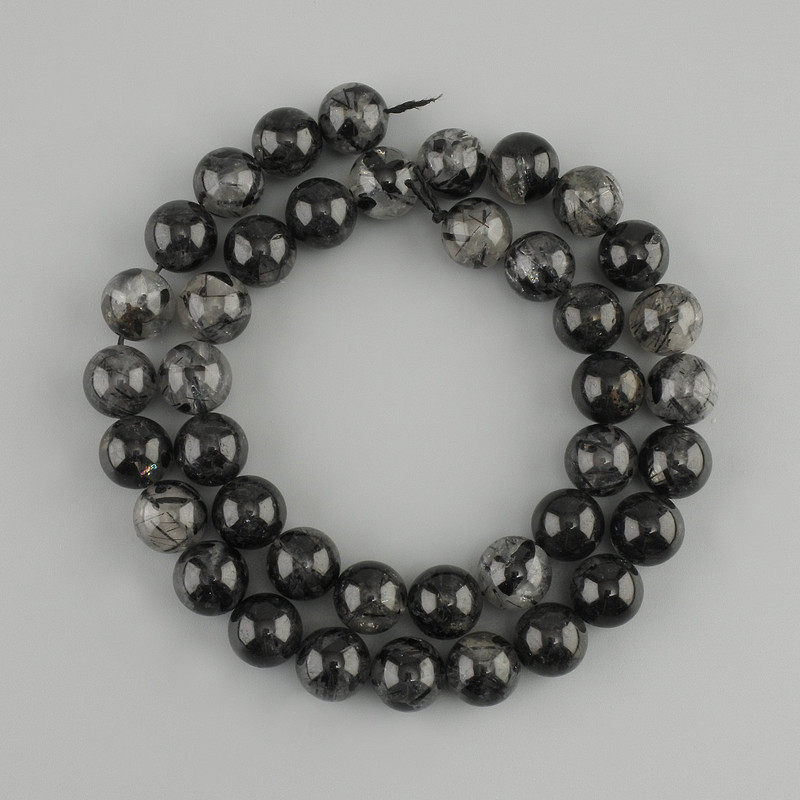 Natural stone beads Rutilated quartz with inclusions of Schorl tourmaline, smooth bead, diameter 9.5-10mm±, length 38cm± on a string