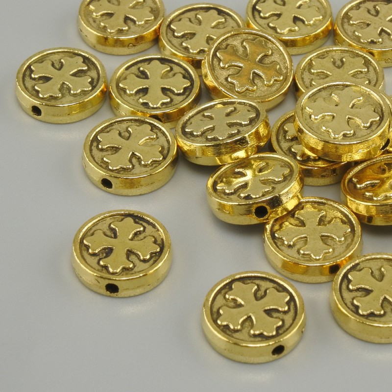 Bead insert with a cross metal color yellow gold, bead diameter 9mm ± hole diameter 1.4mm ± packaged 20g (~23 pcs)