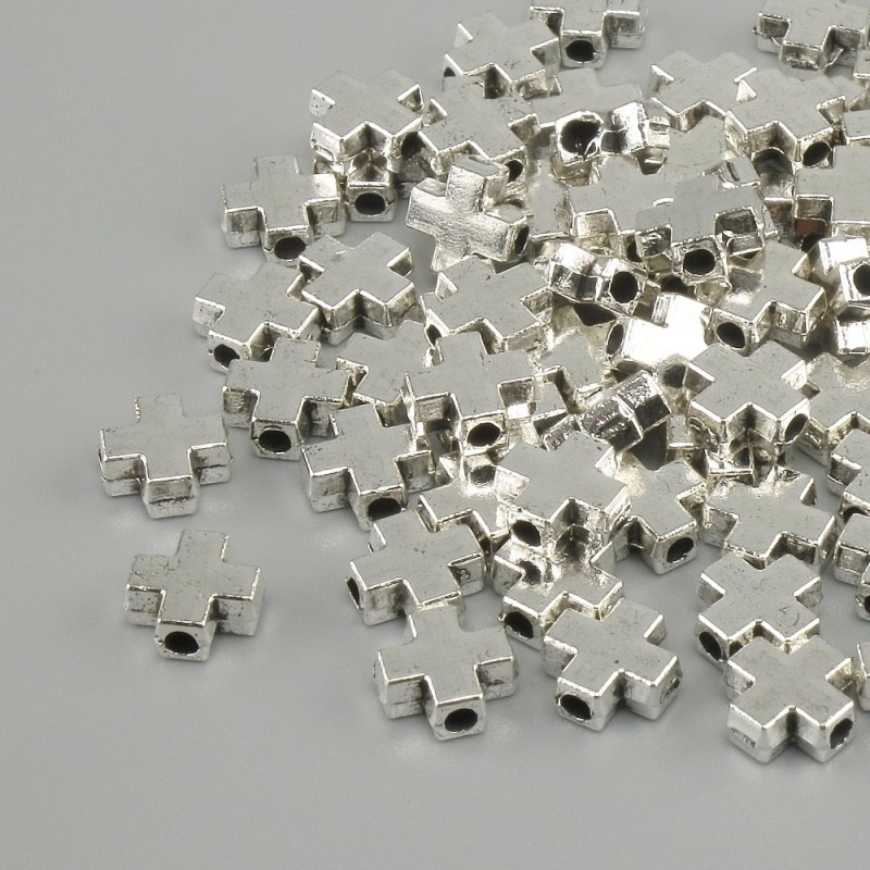 Bead Inlay Insert Cross silver color metal, diameter 6×6 mm ±, hole diameter 1.8 mm ±, packing 20 g (~68 pcs)