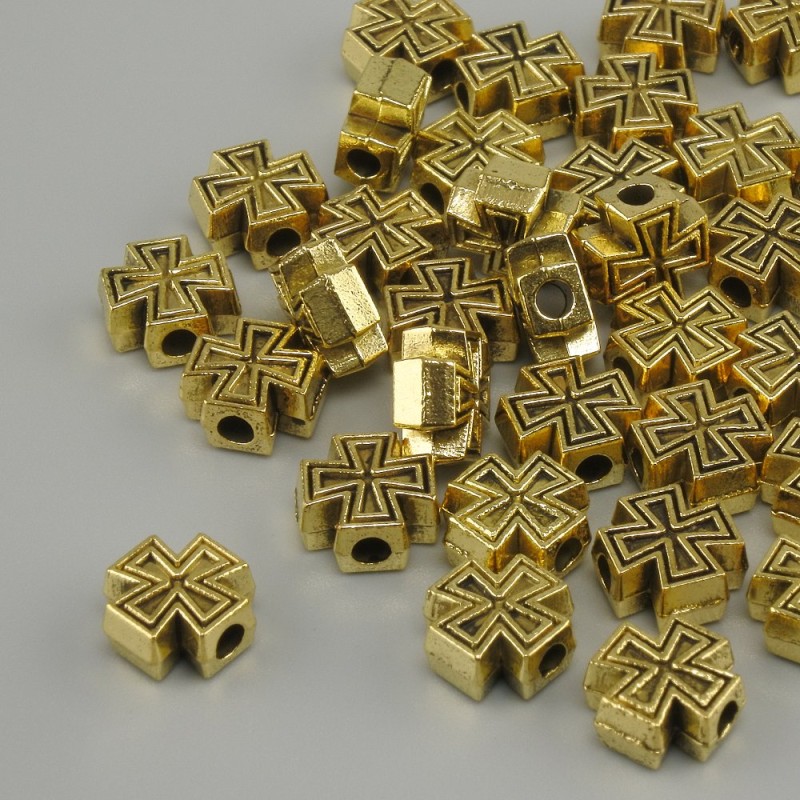 Bead inset cross metal finish yellow gold color, diameter 7x7mm+- hole diameter 2mm+- packaged 20g. (~39 pcs.)