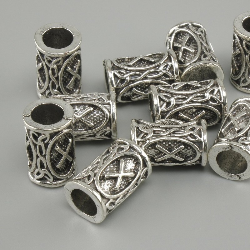 Bead fitting Scandinavian rune, diameter 13x9mm +/-, hole diameter, metal color silvery, bulk pack 10 pcs