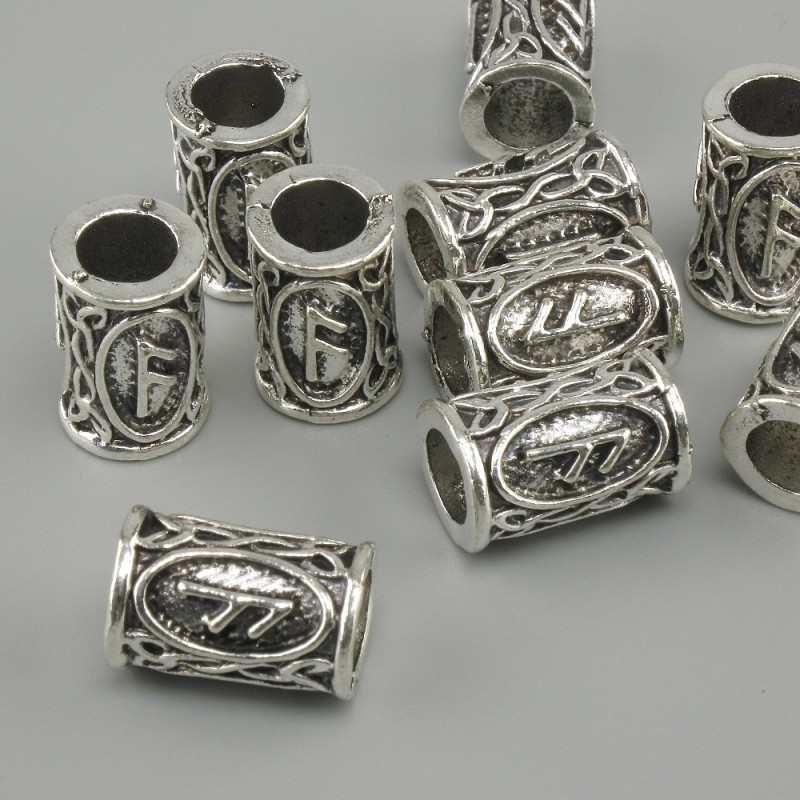 Jewelry findings bead Scandinavian rune, diameter 13x9 mm ±, hole, hole diameter 6 mm, silvery metal color, pack. 10 pcs
