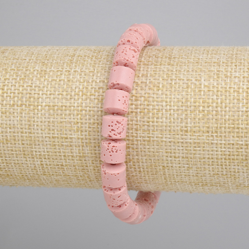 Bracelet Pink Lava Volcanic Stone cylinder, diameter 8x8mm+-, length 18cm+- stretch