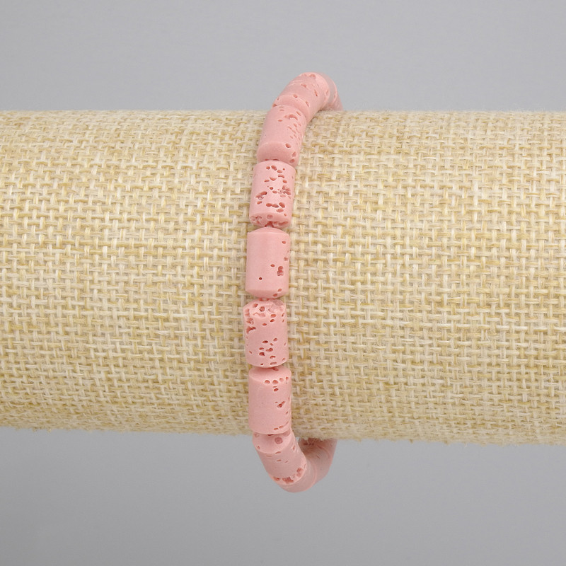 Bracelet Pink Volcanic Lava Cylinder, 10x6mm+/- diameter, 18cm+/- stretch length