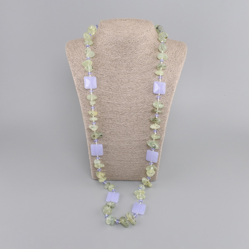 Long necklace Prehnite tumbled 10-17x7-10mm+- Tinted quartz square 19mm+-, length 88cm+-